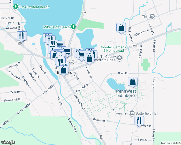 map of restaurants, bars, coffee shops, grocery stores, and more near 115-119 Ontario Street in Edinboro