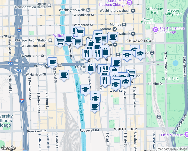 map of restaurants, bars, coffee shops, grocery stores, and more near 618 South Financial Place in Chicago