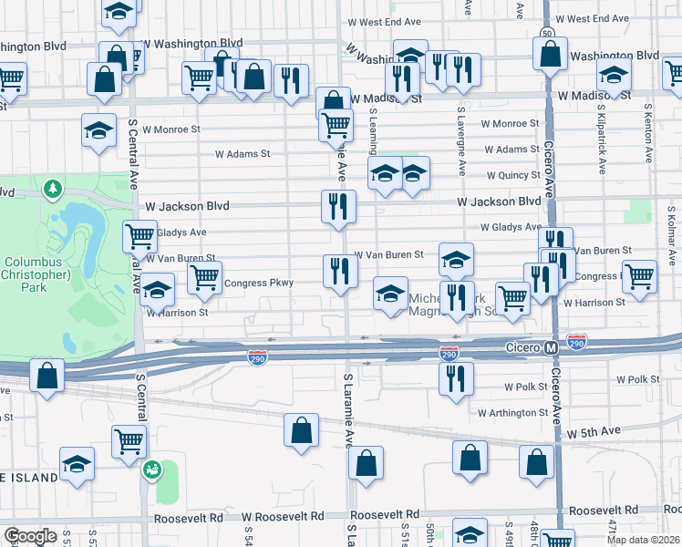 map of restaurants, bars, coffee shops, grocery stores, and more near 418 South Laramie Avenue in Chicago