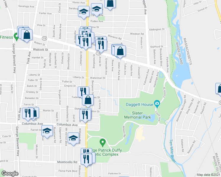 map of restaurants, bars, coffee shops, grocery stores, and more near 157 Rowe Avenue in Pawtucket