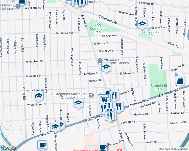 map of restaurants, bars, coffee shops, grocery stores, and more near 143 Quincy Street in Elmhurst