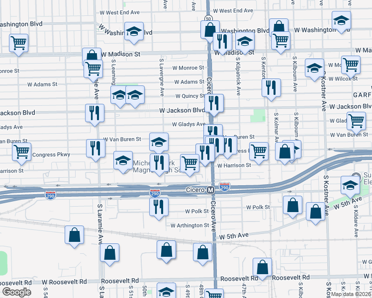 map of restaurants, bars, coffee shops, grocery stores, and more near 4900 West Congress Parkway in Chicago