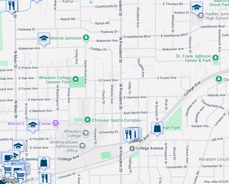 map of restaurants, bars, coffee shops, grocery stores, and more near 906 Webster Avenue in Wheaton