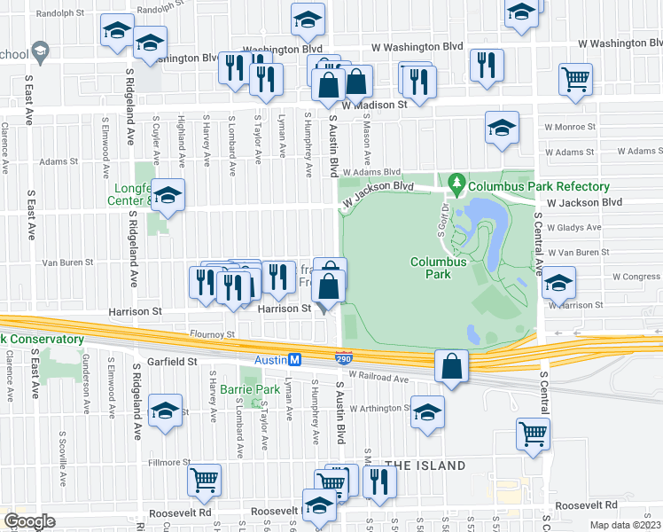 map of restaurants, bars, coffee shops, grocery stores, and more near 408 South Austin Boulevard in Oak Park