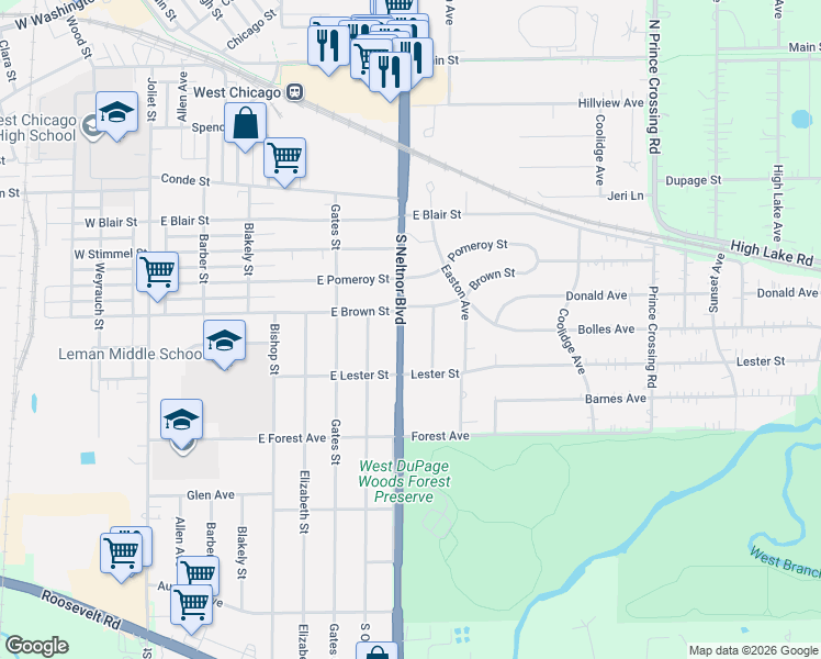 map of restaurants, bars, coffee shops, grocery stores, and more near N140 Sarana Avenue in West Chicago