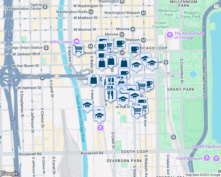 map of restaurants, bars, coffee shops, grocery stores, and more near 619 South LaSalle Street in Chicago