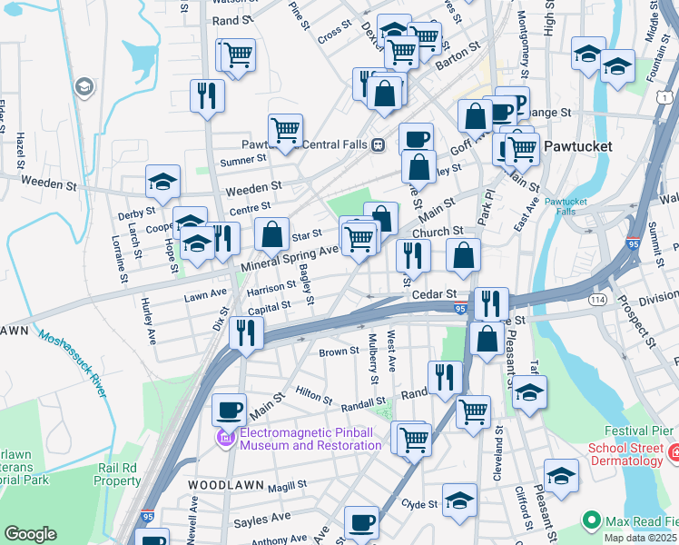 map of restaurants, bars, coffee shops, grocery stores, and more near 137 Harrison Street in Pawtucket
