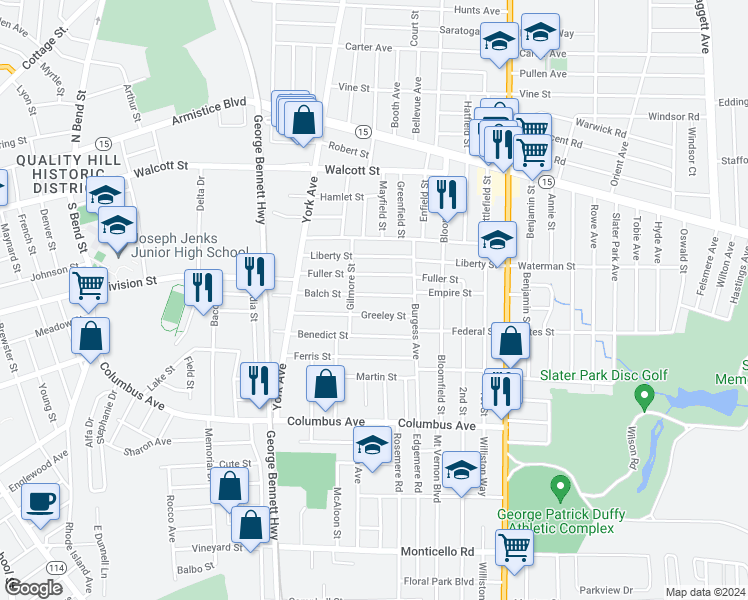 map of restaurants, bars, coffee shops, grocery stores, and more near 152 Greeley Street in Pawtucket