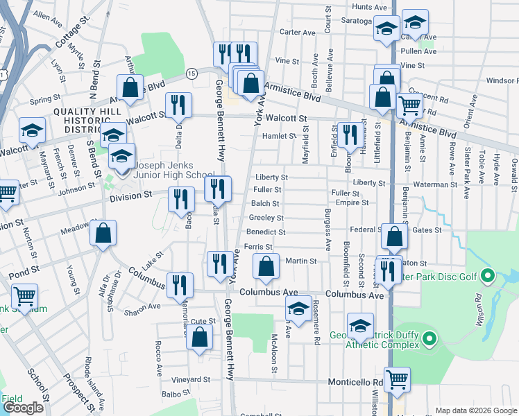 map of restaurants, bars, coffee shops, grocery stores, and more near 60 Greeley Street in Pawtucket