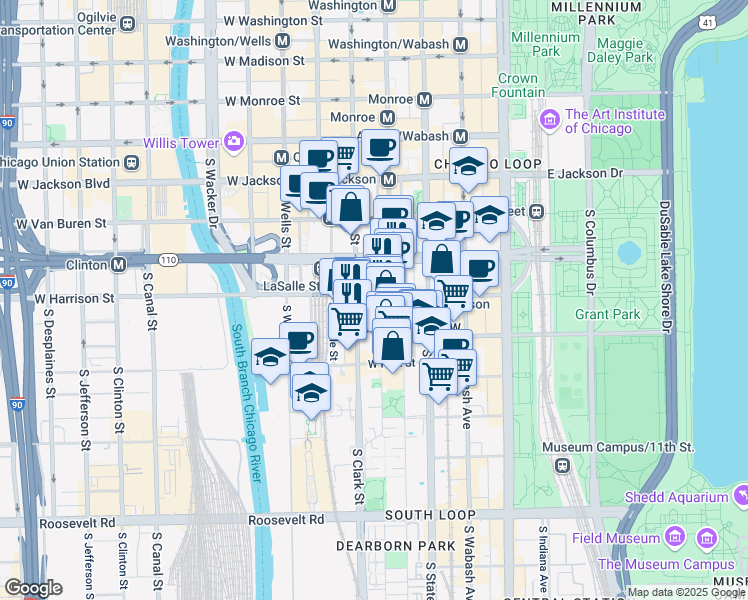 map of restaurants, bars, coffee shops, grocery stores, and more near 600 South Federal Street in Chicago