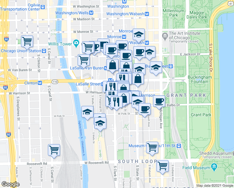 map of restaurants, bars, coffee shops, grocery stores, and more near 600 South Federal Street in Chicago