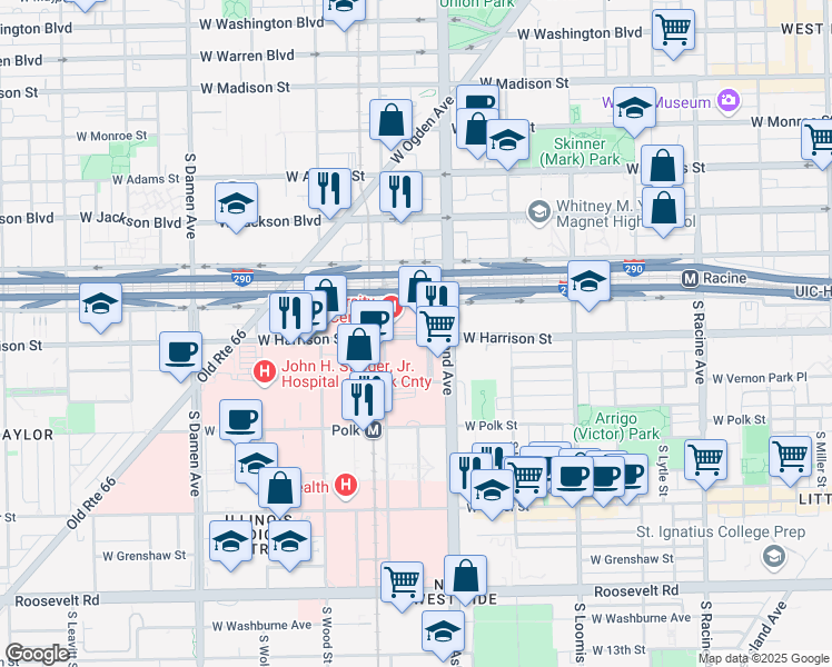 map of restaurants, bars, coffee shops, grocery stores, and more near 1611 West Harrison Street in Chicago