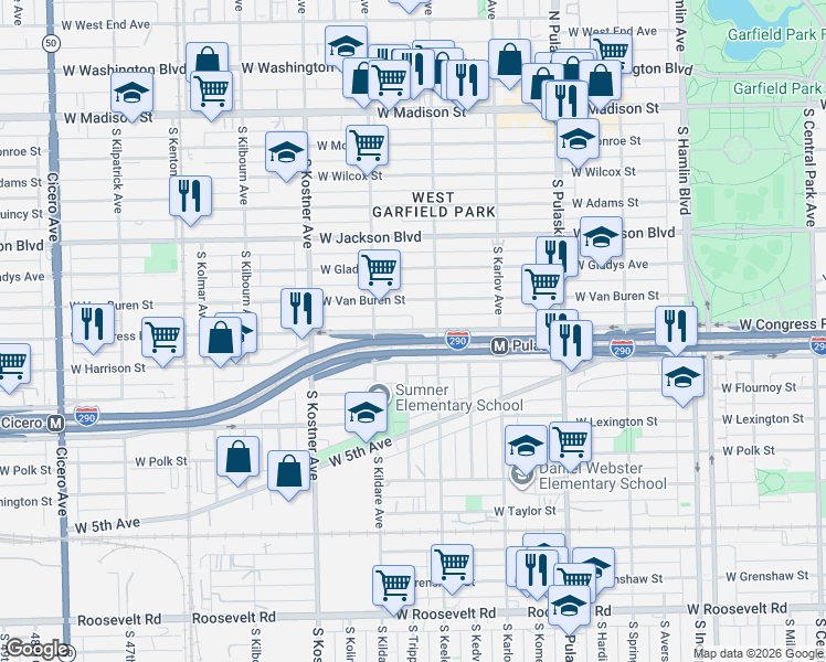 map of restaurants, bars, coffee shops, grocery stores, and more near 4249 West Congress Parkway in Chicago