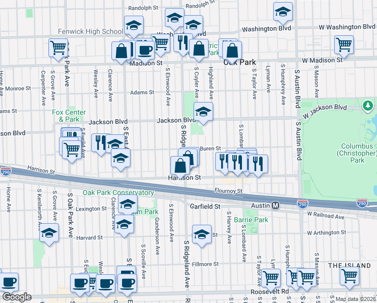 map of restaurants, bars, coffee shops, grocery stores, and more near 811 South Ridgeland Avenue in Oak Park