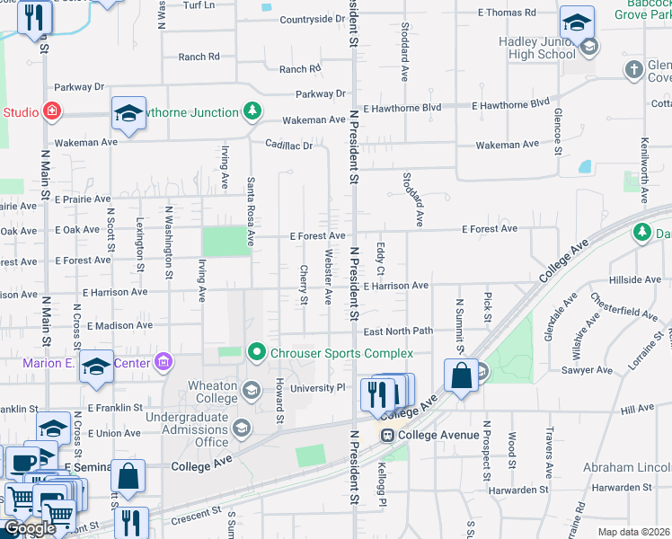 map of restaurants, bars, coffee shops, grocery stores, and more near 906 Webster Avenue in Wheaton