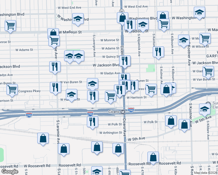 map of restaurants, bars, coffee shops, grocery stores, and more near 4851 West Congress Parkway in Chicago