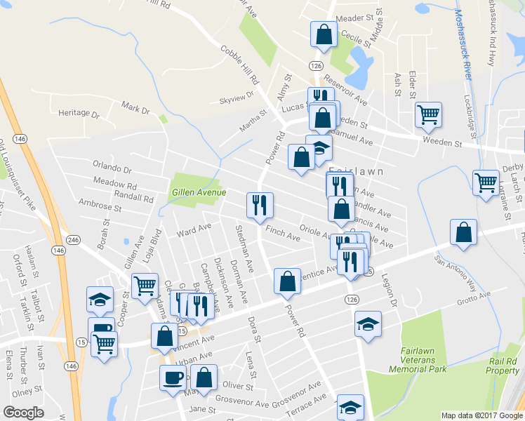 map of restaurants, bars, coffee shops, grocery stores, and more near 459 Power Road in Pawtucket