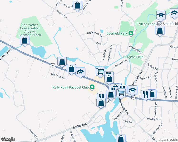 map of restaurants, bars, coffee shops, grocery stores, and more near 4 Garnett Lane in Smithfield