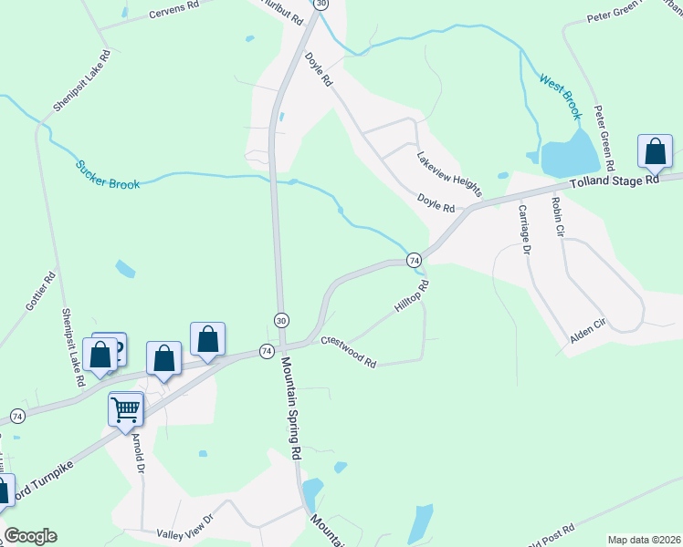 map of restaurants, bars, coffee shops, grocery stores, and more near 319 Tolland Stage Road in Tolland
