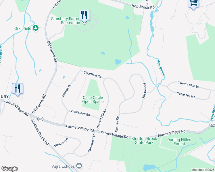 map of restaurants, bars, coffee shops, grocery stores, and more near 17 Harvest Hill Road in Simsbury