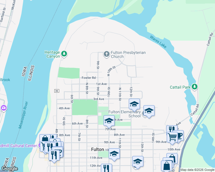 map of restaurants, bars, coffee shops, grocery stores, and more near 111 10th Street in Fulton