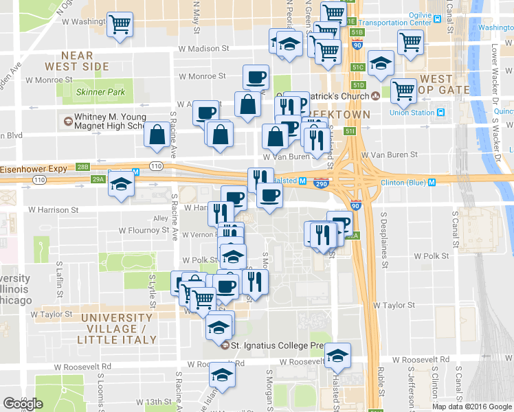 map of restaurants, bars, coffee shops, grocery stores, and more near 602 South Morgan Street in Chicago
