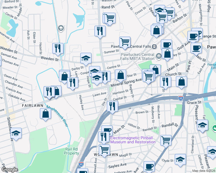 map of restaurants, bars, coffee shops, grocery stores, and more near Mineral Spring Ave & Lonsdale Ave in Pawtucket