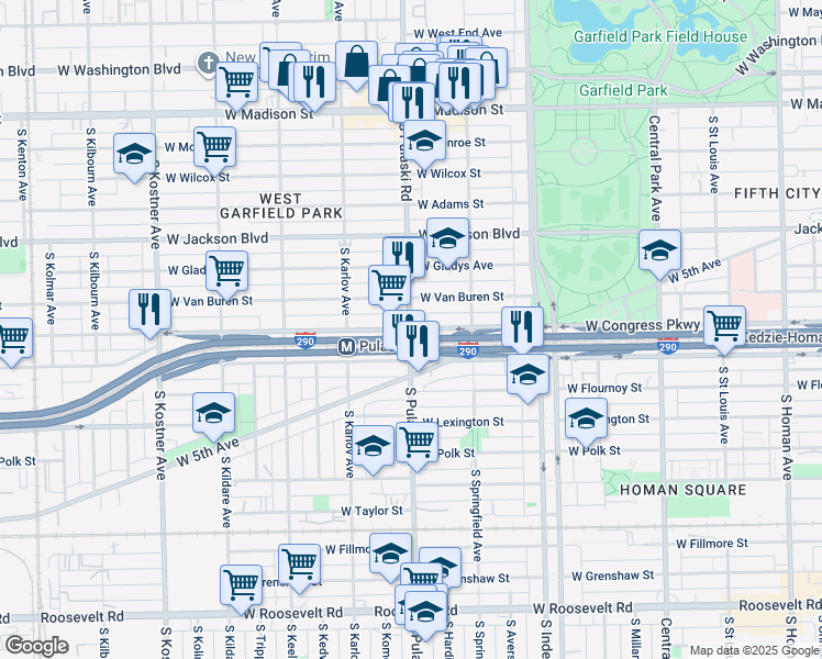 map of restaurants, bars, coffee shops, grocery stores, and more near S Pulaski Rd & W Congress Pkwy in Chicago