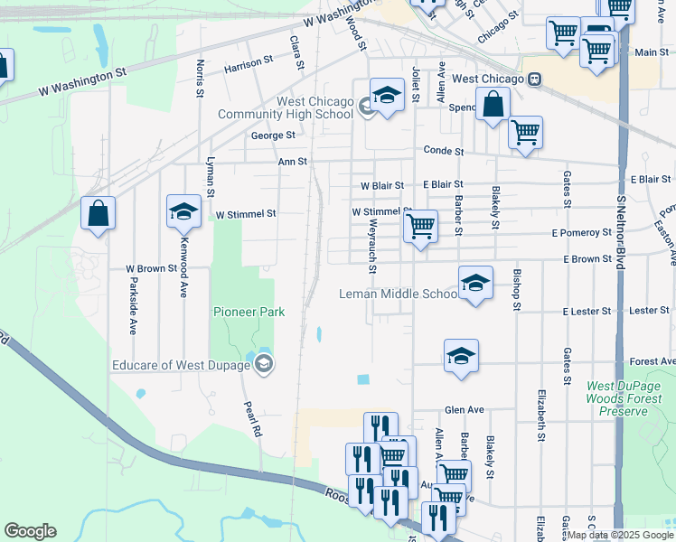 map of restaurants, bars, coffee shops, grocery stores, and more near 220 West Brown Street in West Chicago