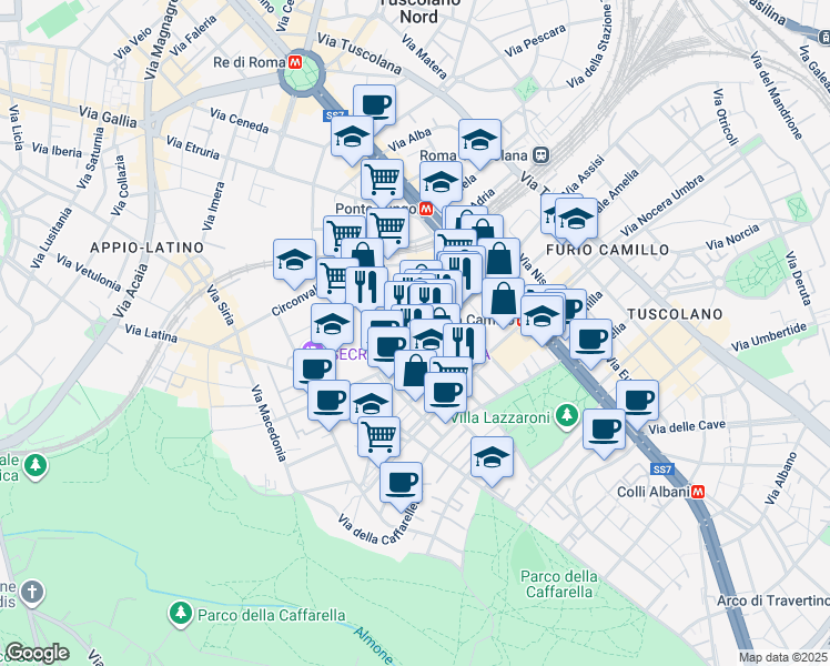 map of restaurants, bars, coffee shops, grocery stores, and more near Via Stefano Infessura in Roma