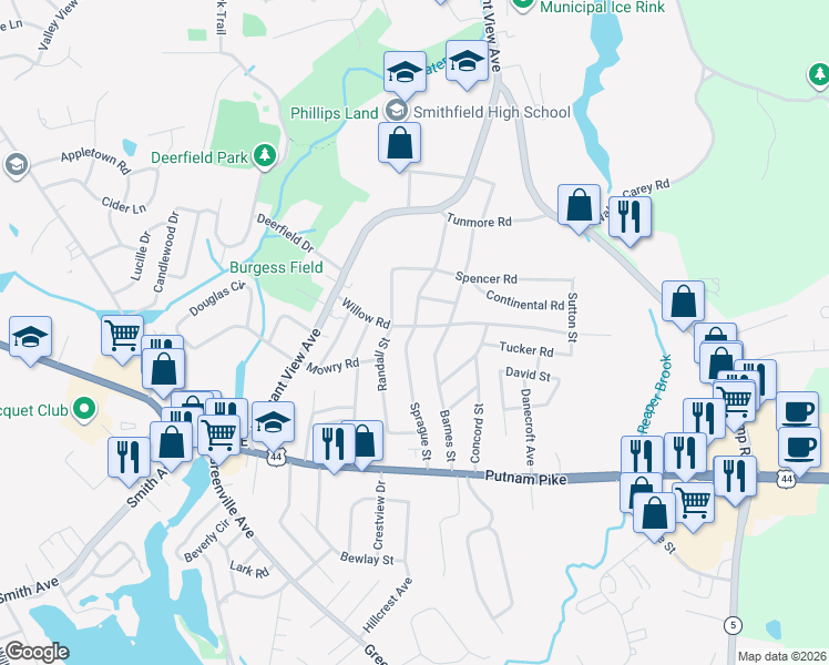 map of restaurants, bars, coffee shops, grocery stores, and more near 22 Sprague Street in Smithfield