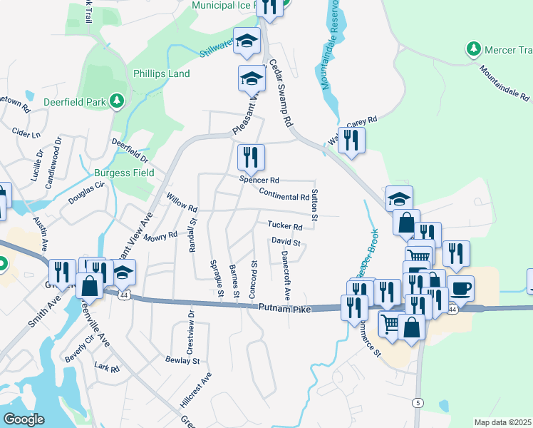 map of restaurants, bars, coffee shops, grocery stores, and more near 2 Tucker Road in Smithfield