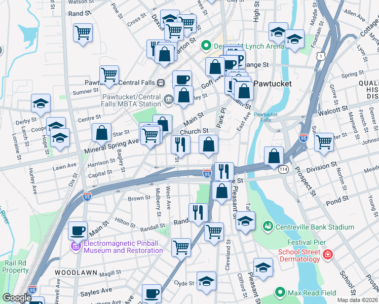 map of restaurants, bars, coffee shops, grocery stores, and more near 71 Cedar Street in Pawtucket