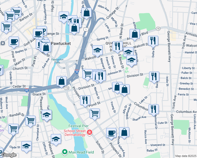 map of restaurants, bars, coffee shops, grocery stores, and more near 220 Division Street in Pawtucket