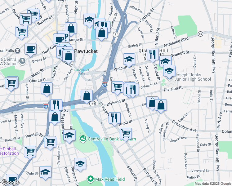 map of restaurants, bars, coffee shops, grocery stores, and more near 14 South Street in Pawtucket