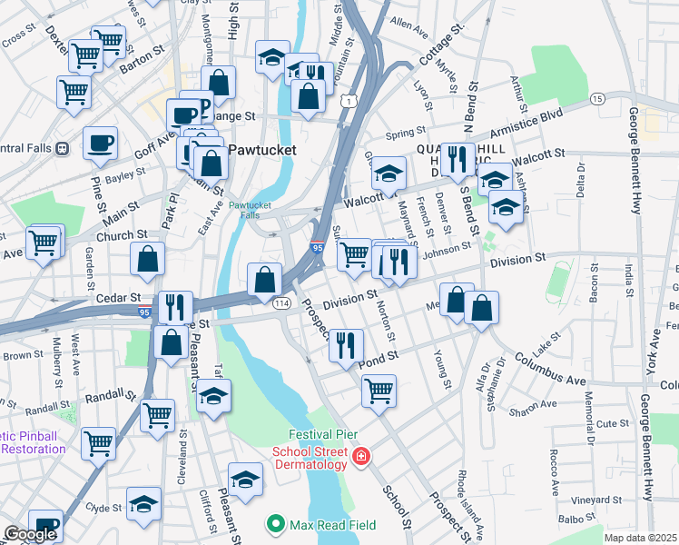 map of restaurants, bars, coffee shops, grocery stores, and more near 14 South Street in Pawtucket