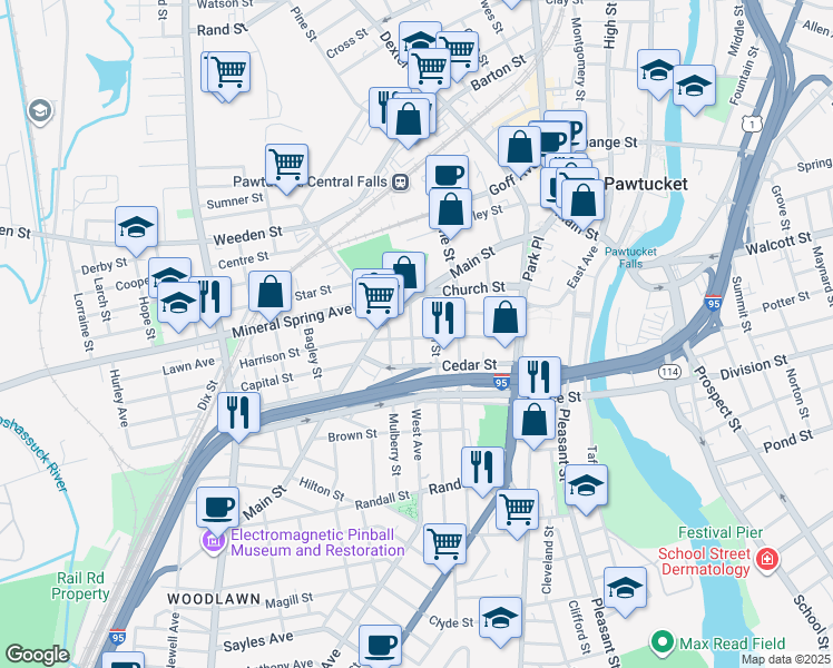 map of restaurants, bars, coffee shops, grocery stores, and more near 53 Garden Street in Pawtucket