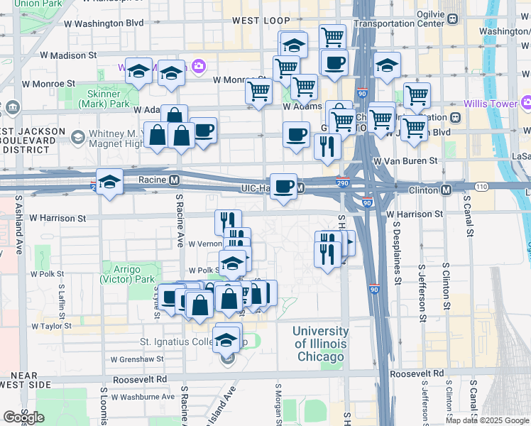 map of restaurants, bars, coffee shops, grocery stores, and more near 1007 West Harrison Street in Chicago