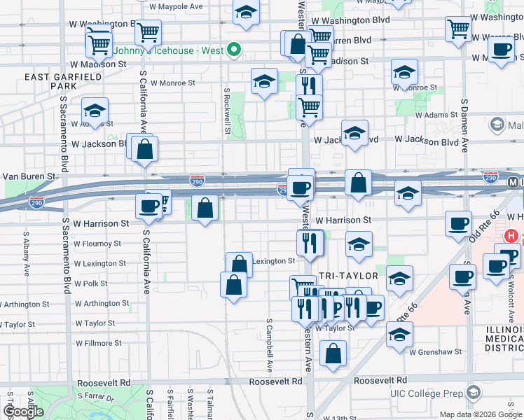 map of restaurants, bars, coffee shops, grocery stores, and more near 2452 West Harrison Street in Chicago