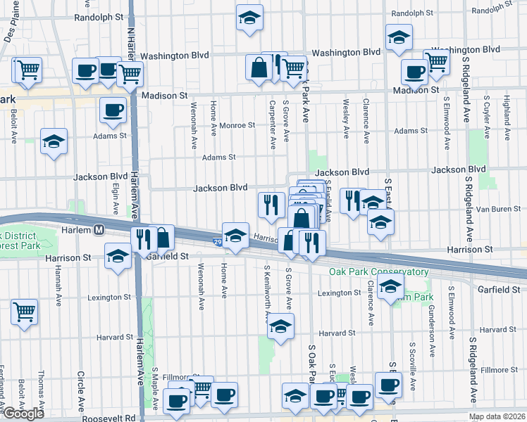 map of restaurants, bars, coffee shops, grocery stores, and more near 841 Carpenter Avenue in Oak Park