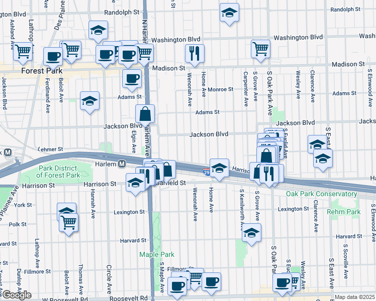 map of restaurants, bars, coffee shops, grocery stores, and more near 839 Wenonah Avenue in Oak Park
