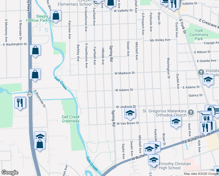 map of restaurants, bars, coffee shops, grocery stores, and more near 302 West Adams Street in Elmhurst
