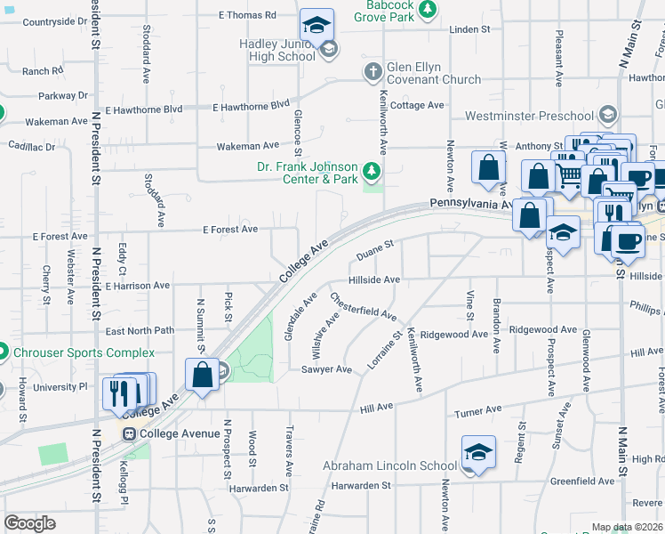 map of restaurants, bars, coffee shops, grocery stores, and more near 404 Lawrence Avenue in Glen Ellyn