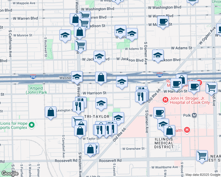 map of restaurants, bars, coffee shops, grocery stores, and more near 2200 West Harrison Street in Chicago
