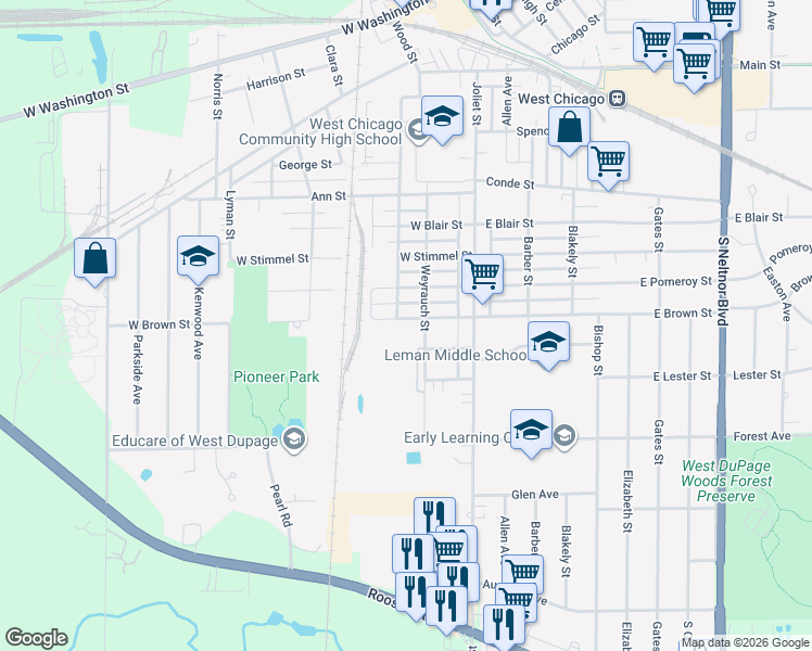 map of restaurants, bars, coffee shops, grocery stores, and more near 220 West Brown Street in West Chicago