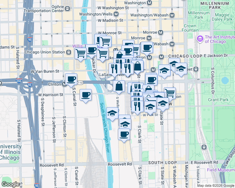 map of restaurants, bars, coffee shops, grocery stores, and more near 720 South Wells Street in Chicago