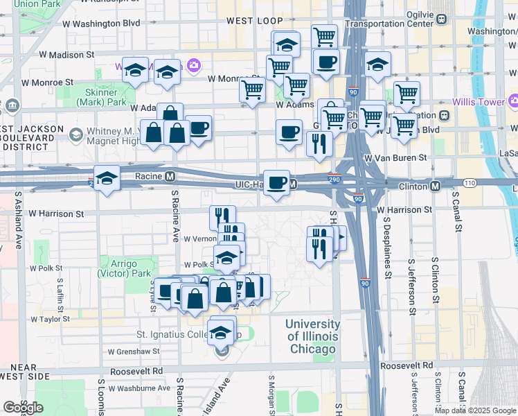 map of restaurants, bars, coffee shops, grocery stores, and more near 1200 West Harrison Street in Chicago