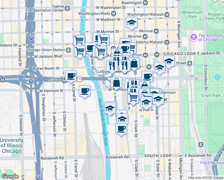 map of restaurants, bars, coffee shops, grocery stores, and more near 221 West Harrison Street in Chicago