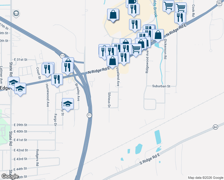 map of restaurants, bars, coffee shops, grocery stores, and more near 2907 Carnation Drive in Ashtabula