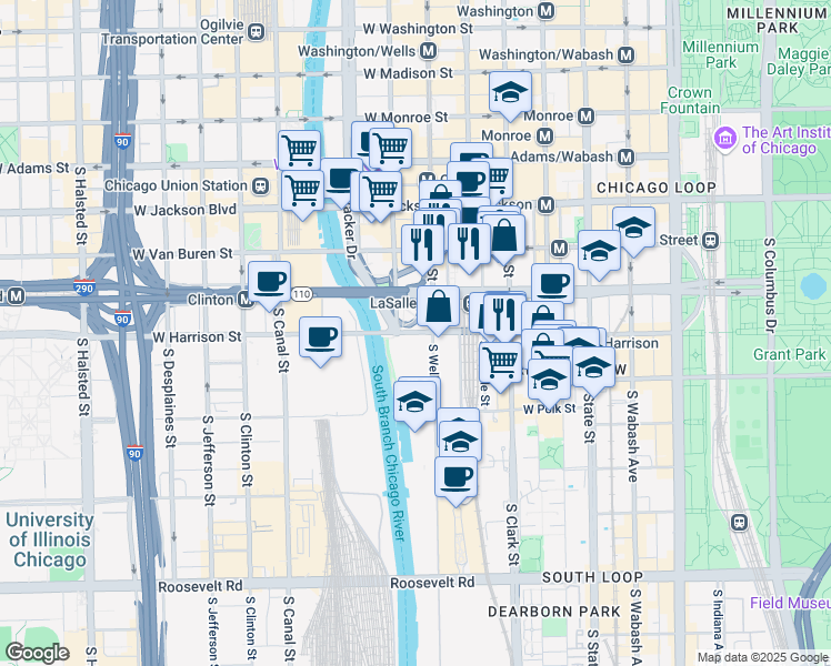 map of restaurants, bars, coffee shops, grocery stores, and more near 211 West Harrison Street in Chicago
